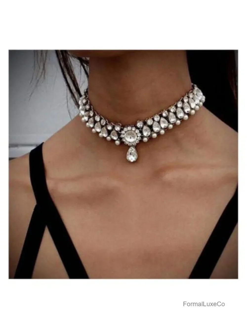 Rhinestone Crystal Pearl Choker Necklace Adjustable Chain Wedding